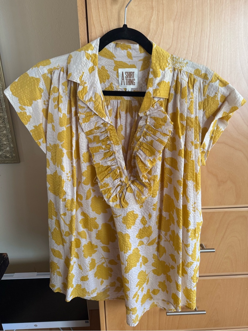 A Shirt Thing Yellow Floral Ruffle V-Neck Blouse